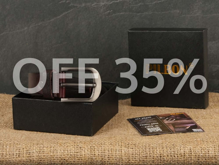 Leather belt in a gift box with a 35% discount offer and promotional card on burlap background.