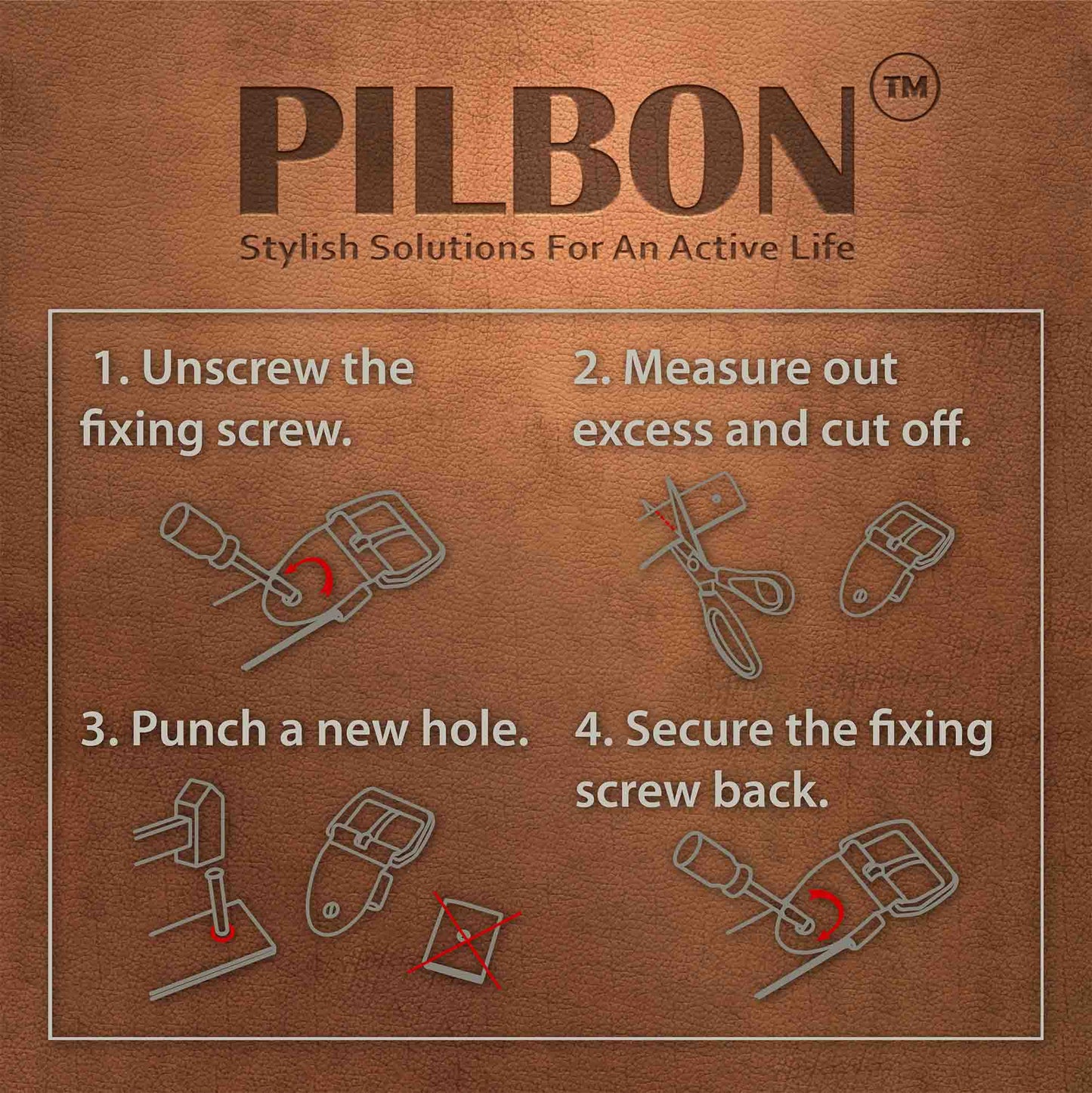 Instructional guide for adjusting PILBON belts, detailing steps to customize the fit for an active lifestyle.