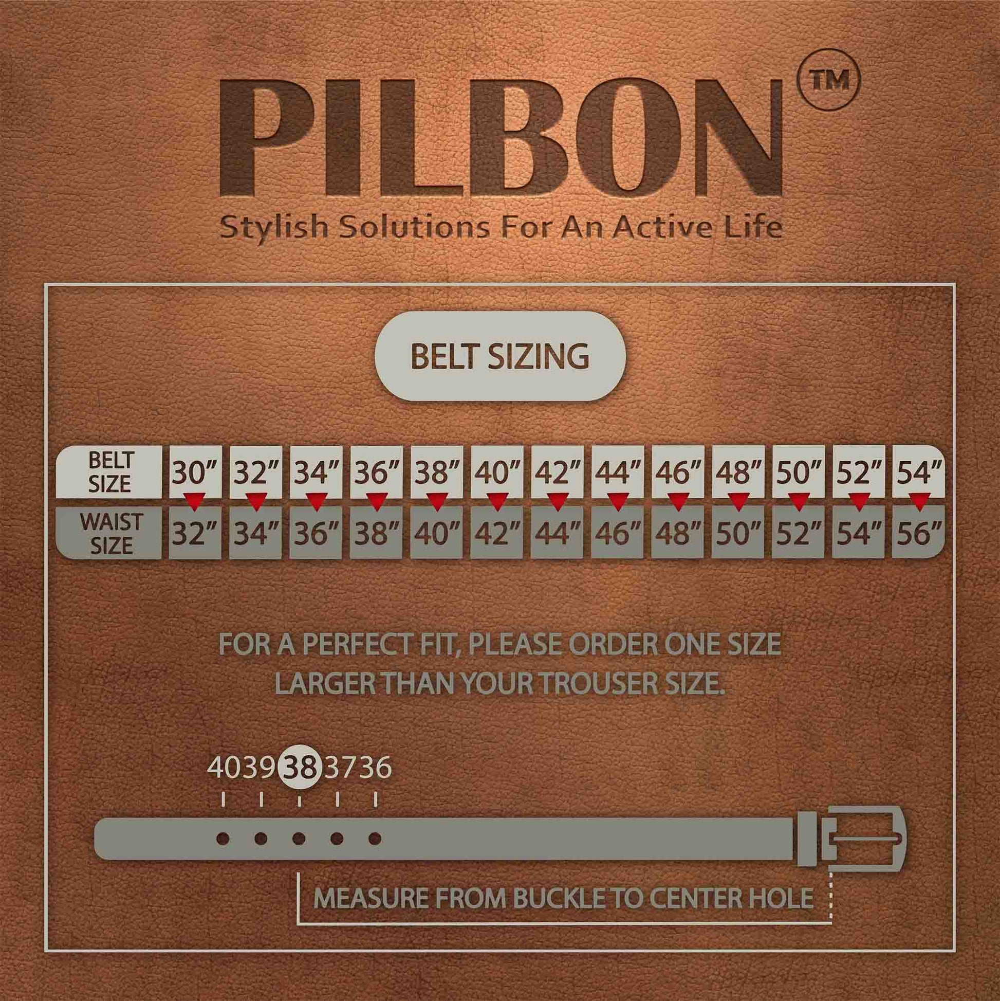 PILBON belt sizing guide displaying belt sizes, waist sizes, and fitting instructions for optimal comfort.