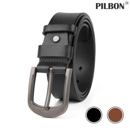 Stylish PILBON G302 unisex leather belt in black with stainless alloy buckle, 1.50 inches wide.