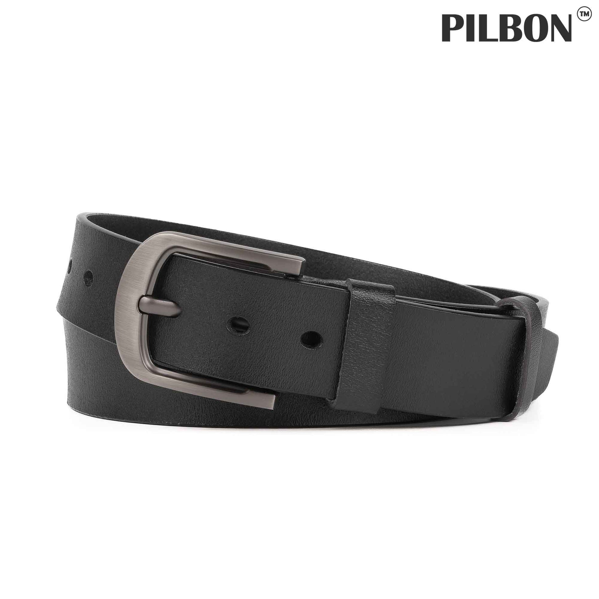 Stylish black PILBON G302 leather belt with stainless alloy buckle, 1.50 inches wide, unisex design, made in the USA.