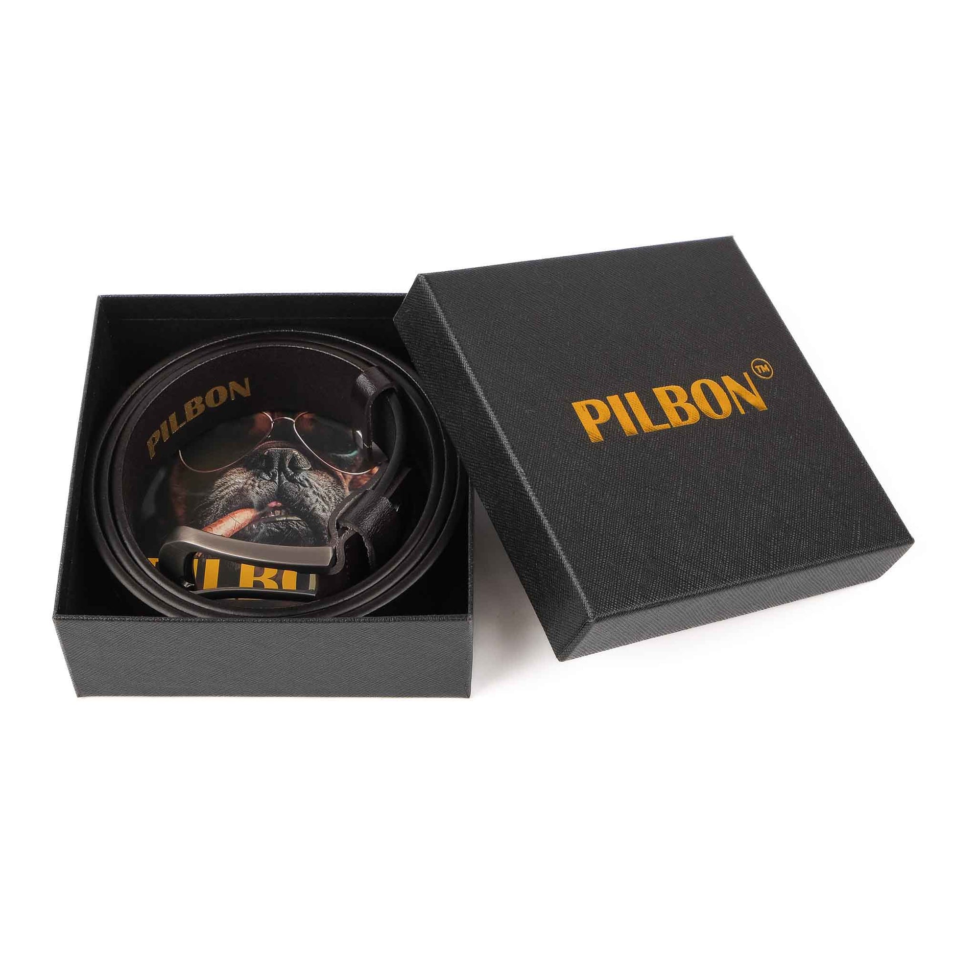 PILBON G302 leather belt presented in an elegant black gift box, showcasing stylish branding and packaging.