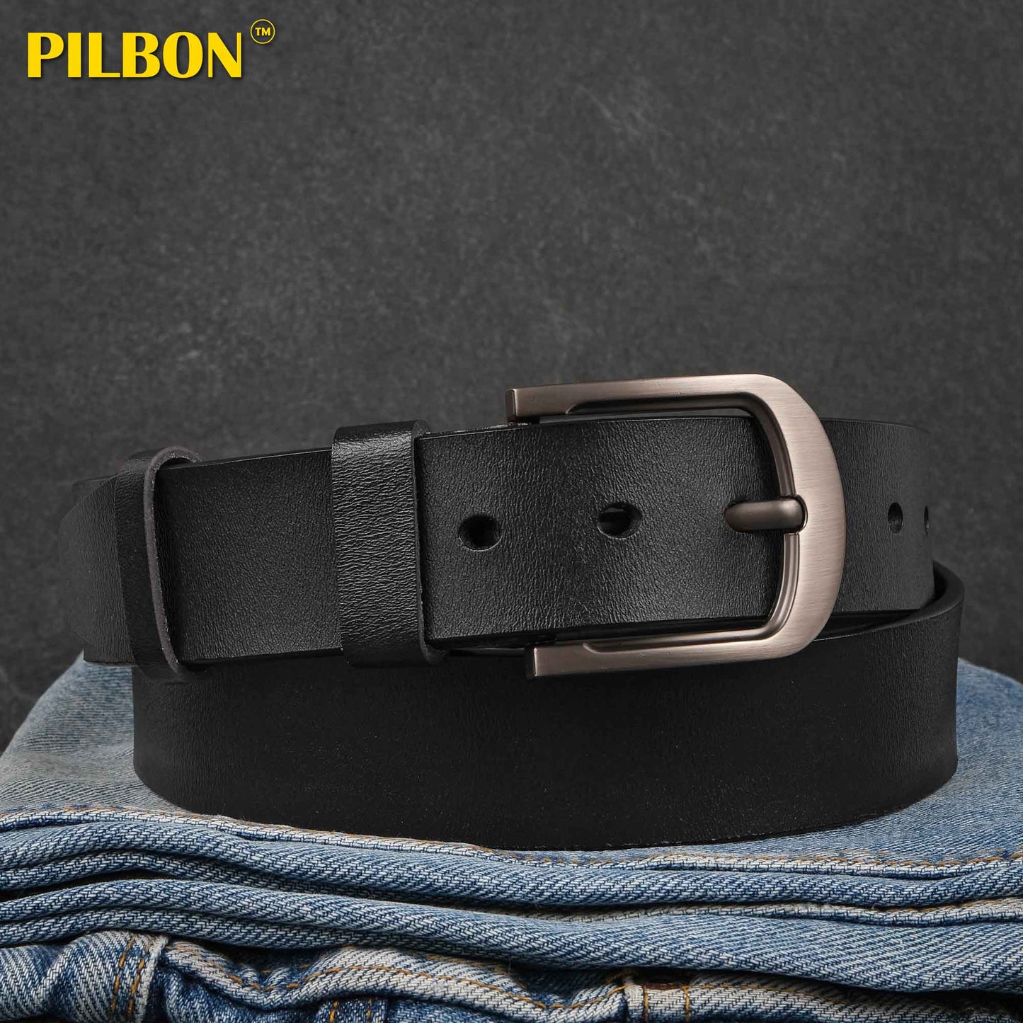 Black PILBON G302 leather belt with stainless alloy buckle, 1.50 inches wide, perfect for unisex everyday wear.