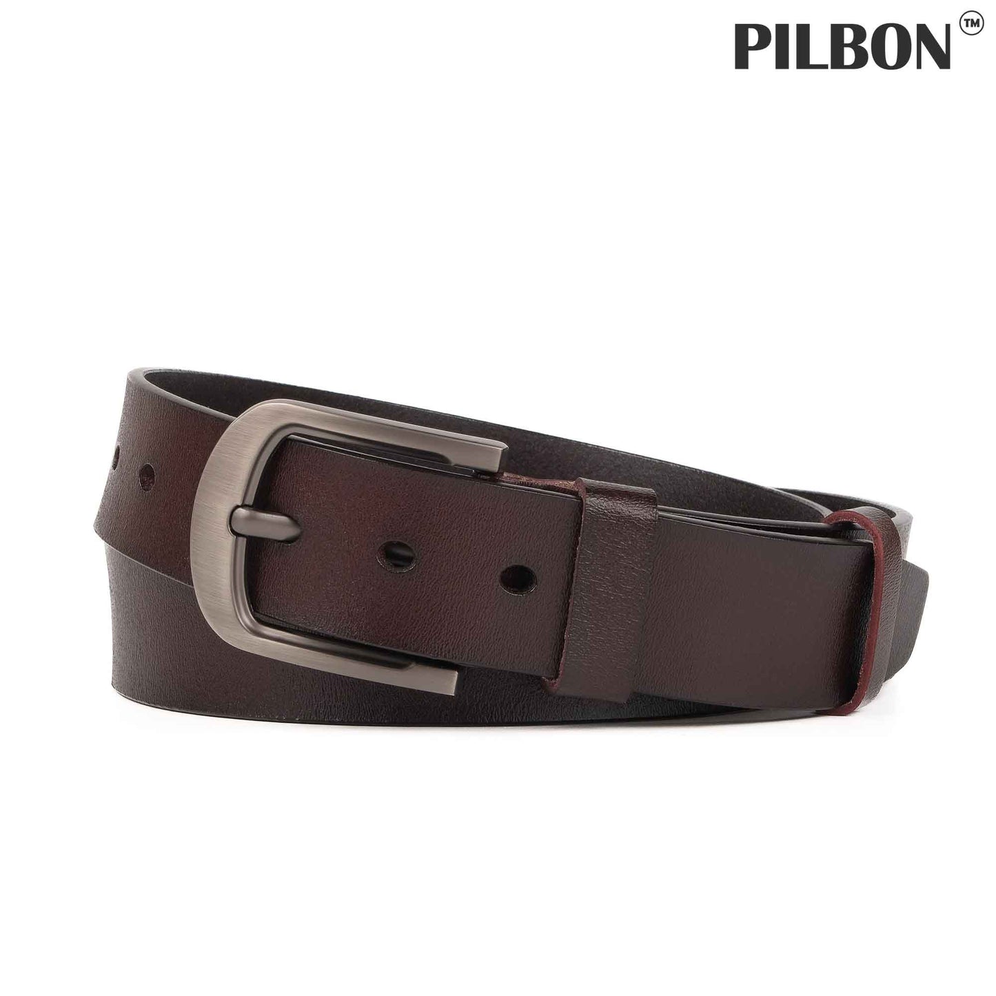 PILBON G302 unisex leather belt in brown with stainless alloy buckle, 1.50 inches wide, perfect for enhancing your style.