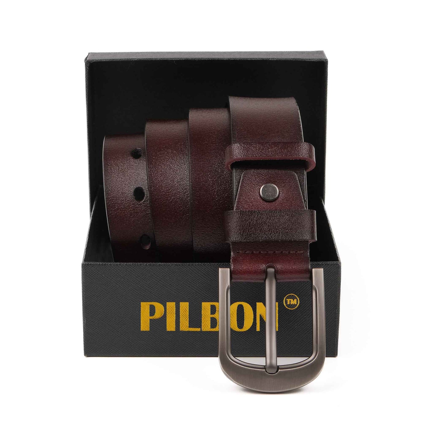 PILBON G302 leather belt in brown with stainless alloy buckle in gift box, stylish and durable for unisex wear.