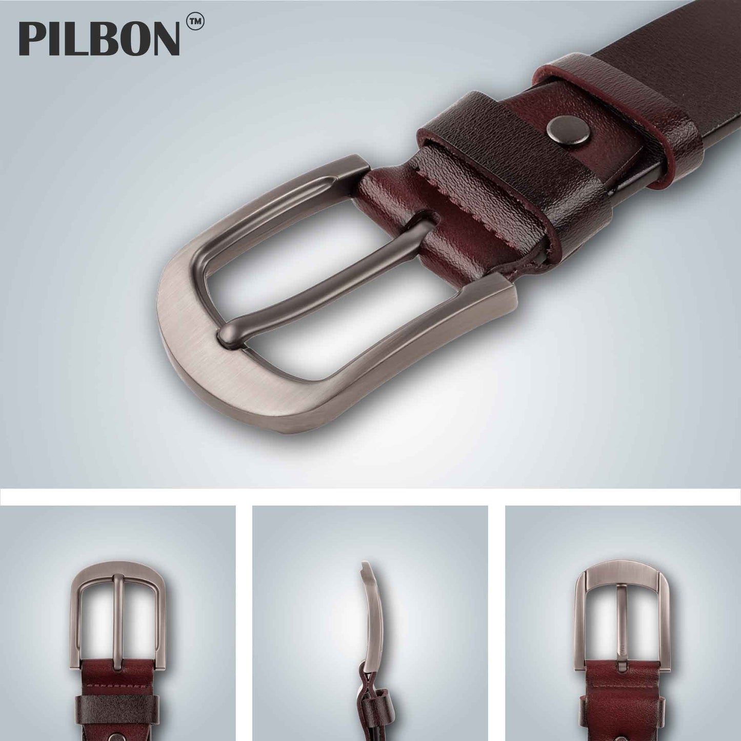 Stylish PILBON G302 leather belt featuring a stainless alloy buckle, showcasing its craftsmanship in brown leather.