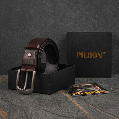 PILBON G302 leather belt displayed in a gift box, featuring a stainless alloy buckle and stylish black/brown design.