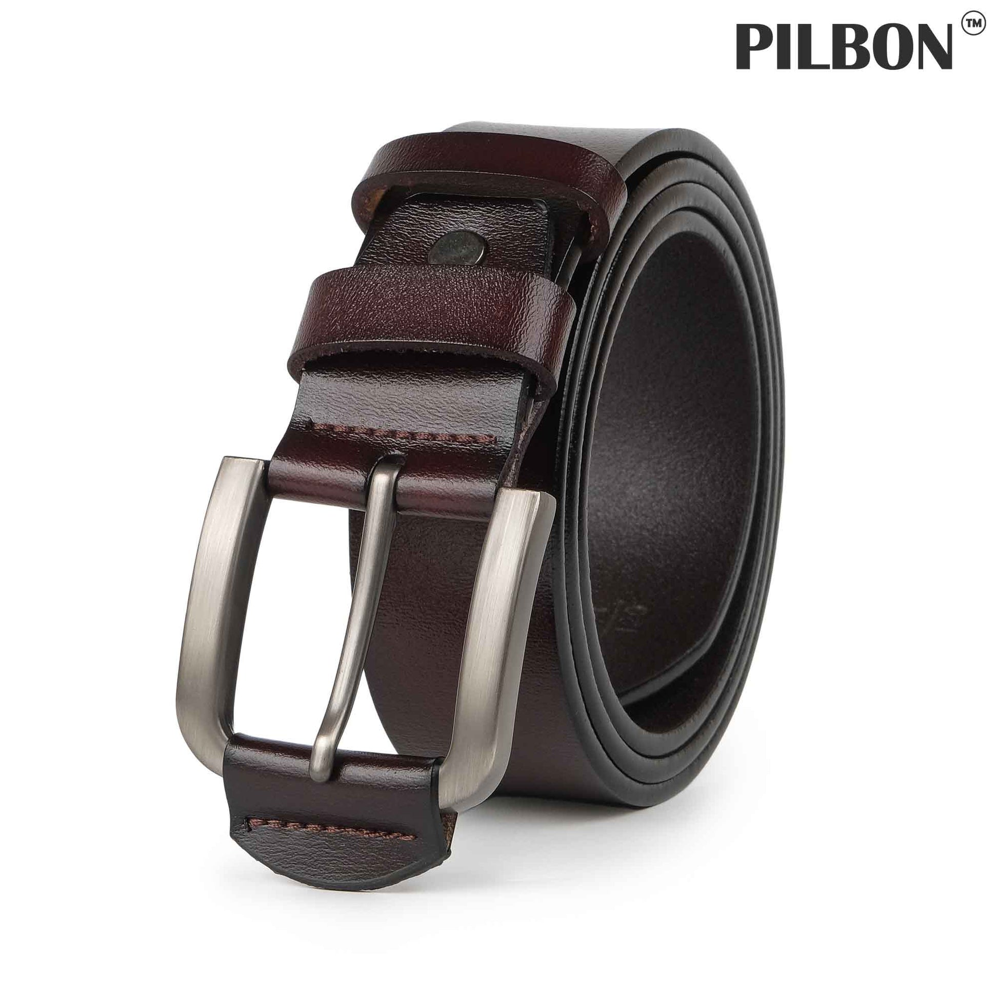 Brown PILBON G307 leather belt with stainless alloy buckle, 1.50 inches wide, stylish and durable for everyday wear.