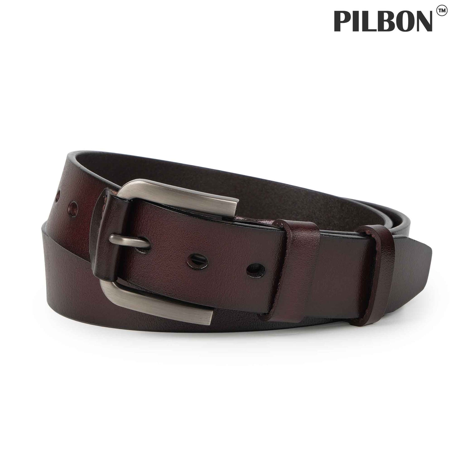 Brown genuine leather belt G307 by PILBON with stainless alloy buckle, 1.50 inches wide, unisex design.