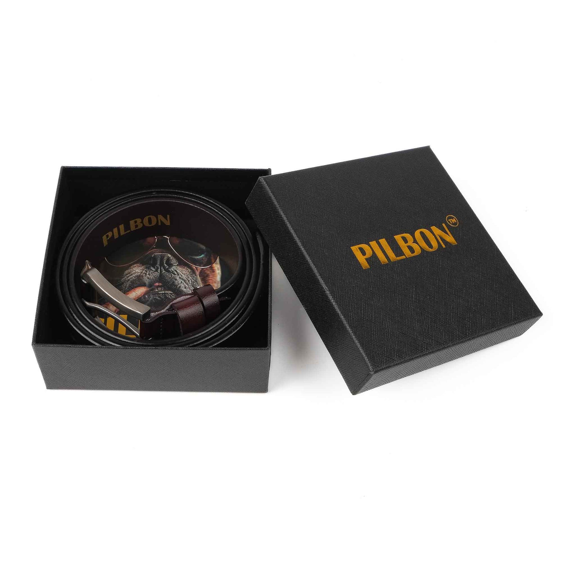 PILBON G307 brown leather belt in a branded black box, showcasing style and durability suitable for everyday wear.