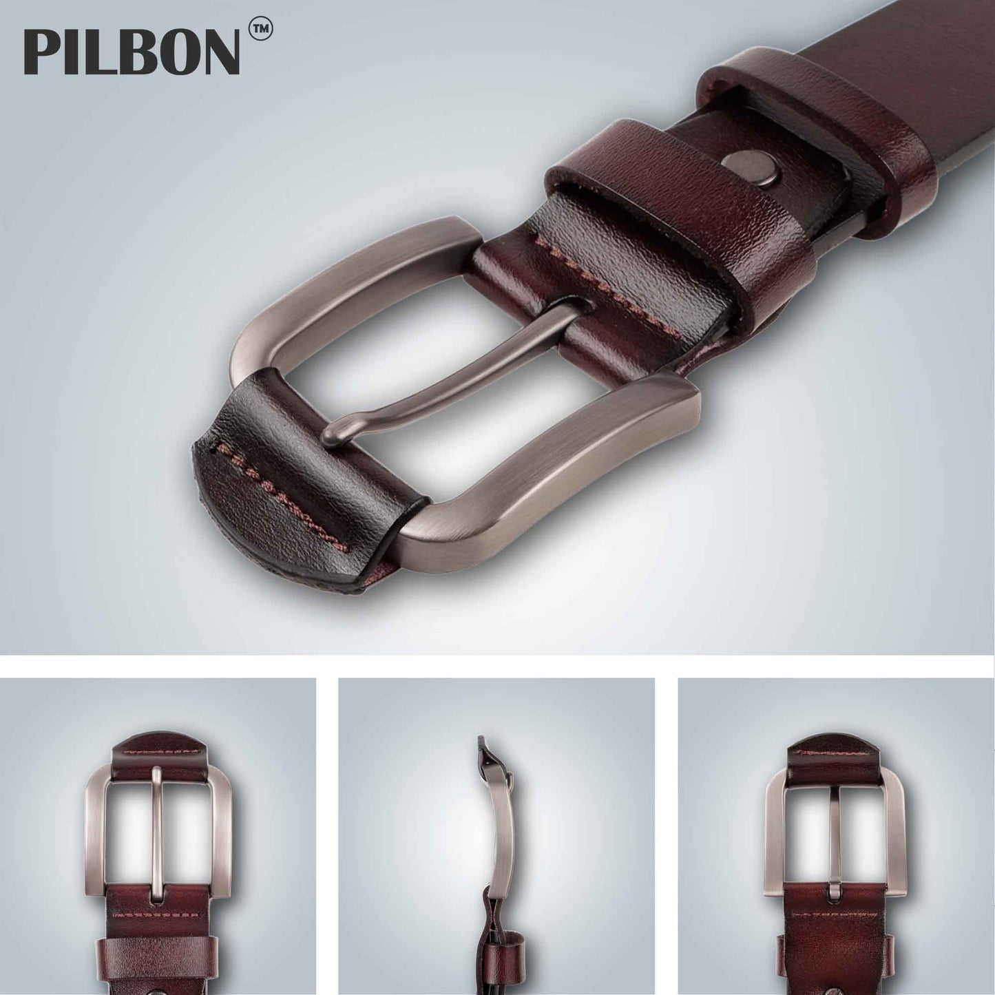 Brown leather PILBON G307 belt showcasing stainless alloy buckle and detailed craftsmanship. Perfect for a stylish everyday look.