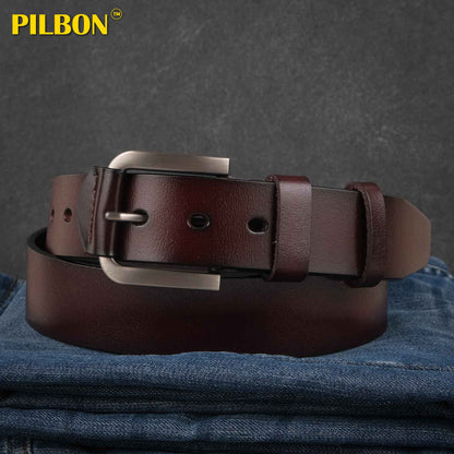 Brown PILBON G307 leather belt on denim background, featuring stainless alloy buckle, 1.50 inches wide, unisex style.