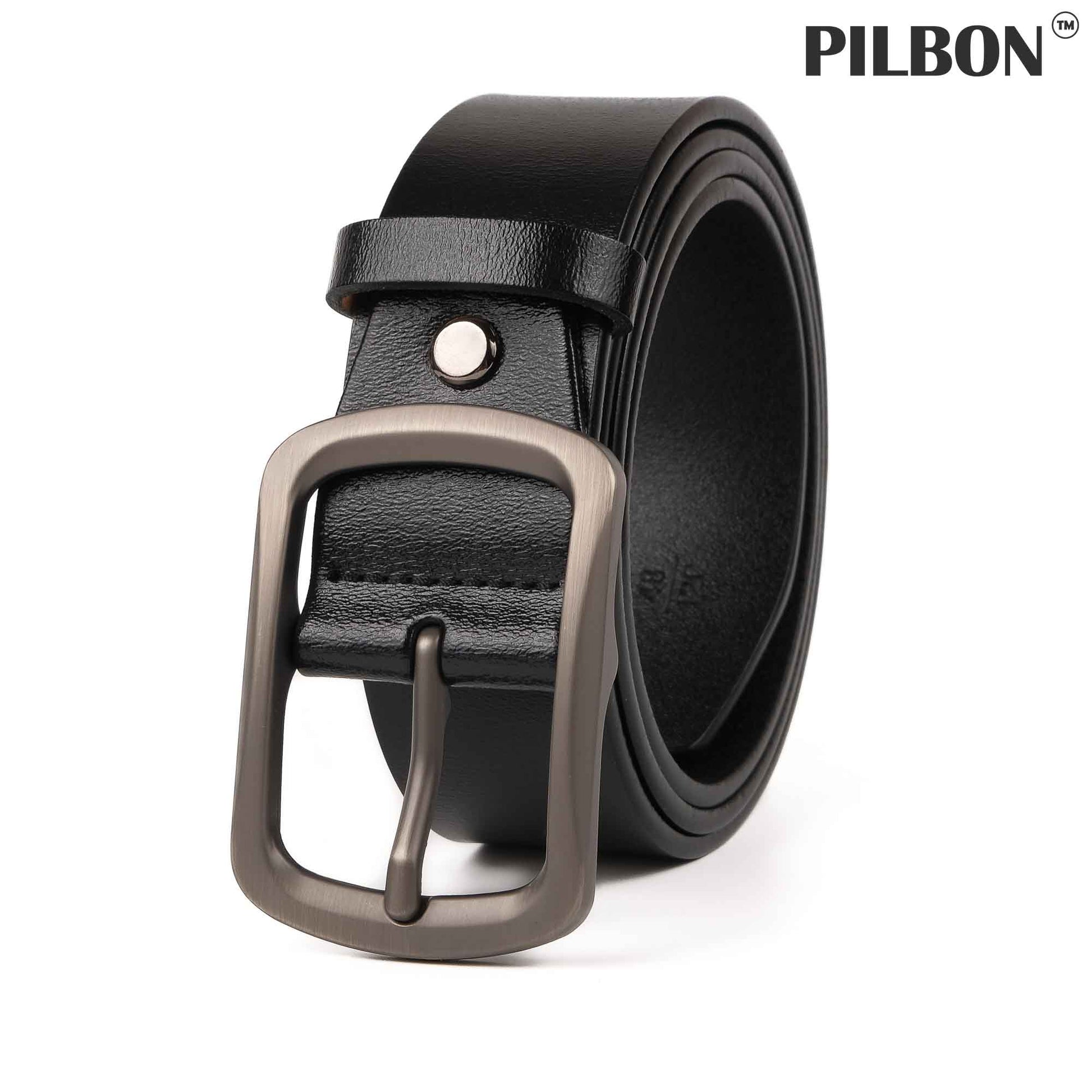 Stylish black leather belt G311 by PILBON with stainless alloy buckle, 1.50 inches wide, unisex design.