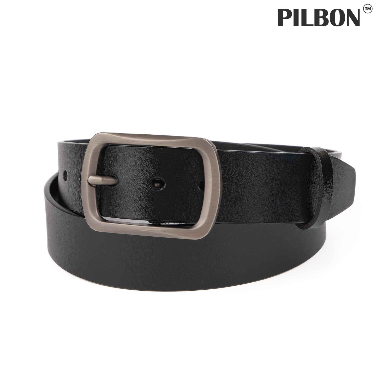 Black genuine leather belt G311 by PILBON with stainless alloy buckle, 1.50 inches wide, suitable for unisex wear.