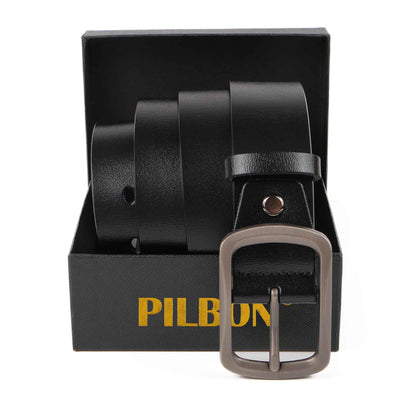 Black leather PILBON G311 belt in box with stainless alloy buckle, stylish and durable, perfect for everyday use.