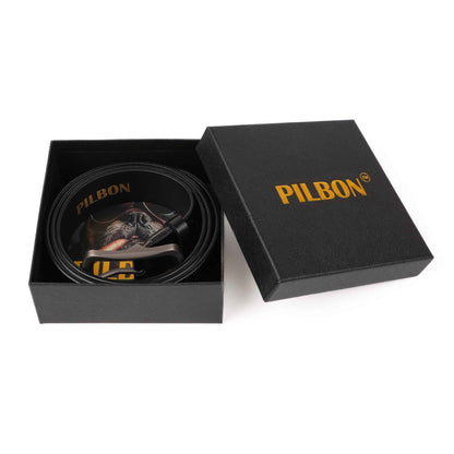 PILBON G311 black leather belt neatly packaged in a stylish black box, showcasing a sleek design and quality branding.