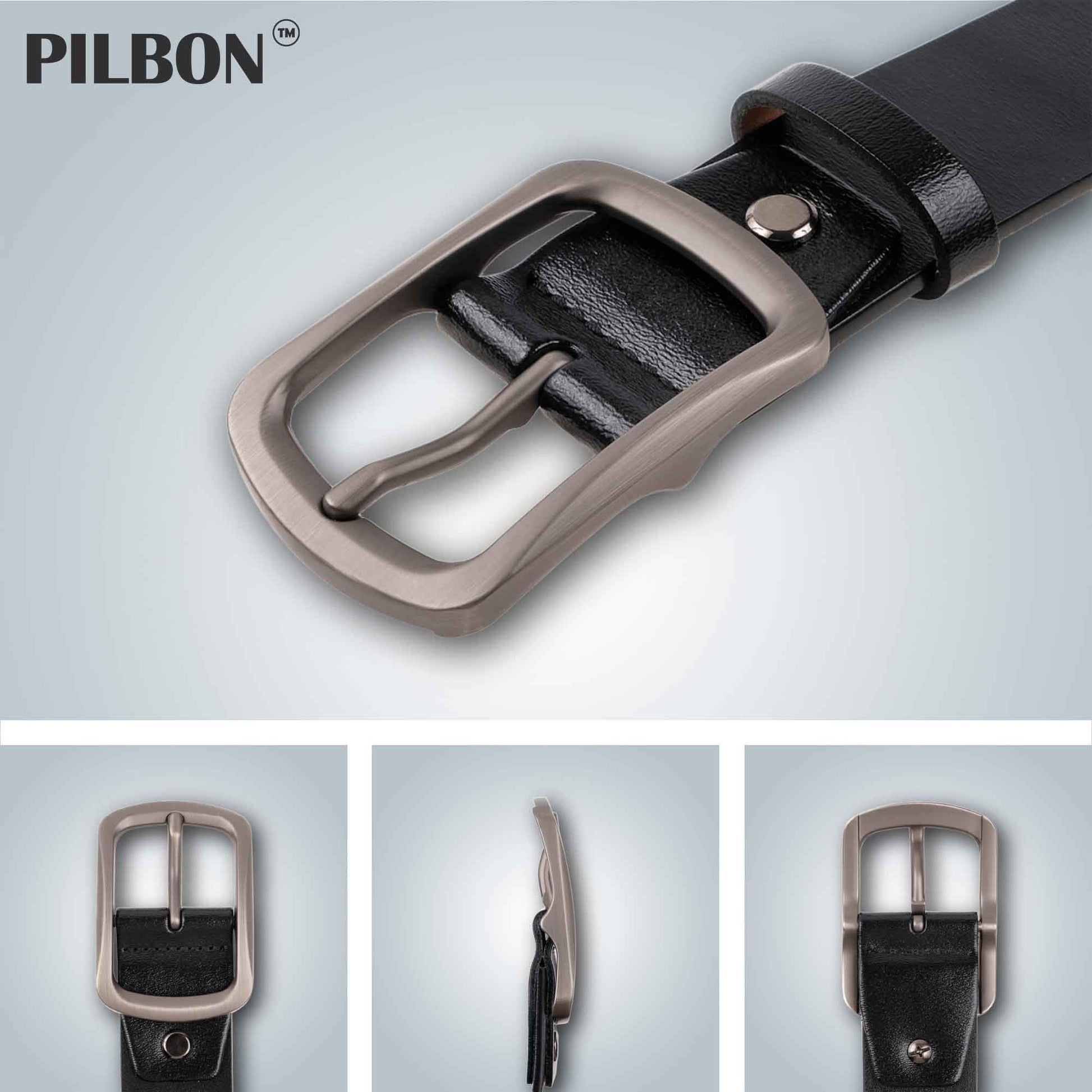 Black leather PILBON G311 belt featuring a stainless alloy buckle and stylish design for versatile everyday wear.