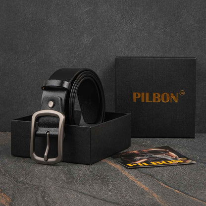 Black leather PILBON G311 belt in a gift box with a stainless alloy buckle, showcasing style and durability.