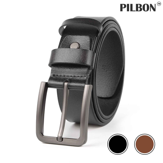 Black genuine leather PILBON G314 belt with stainless alloy buckle, 1.50 inches wide, available in black and brown colors.