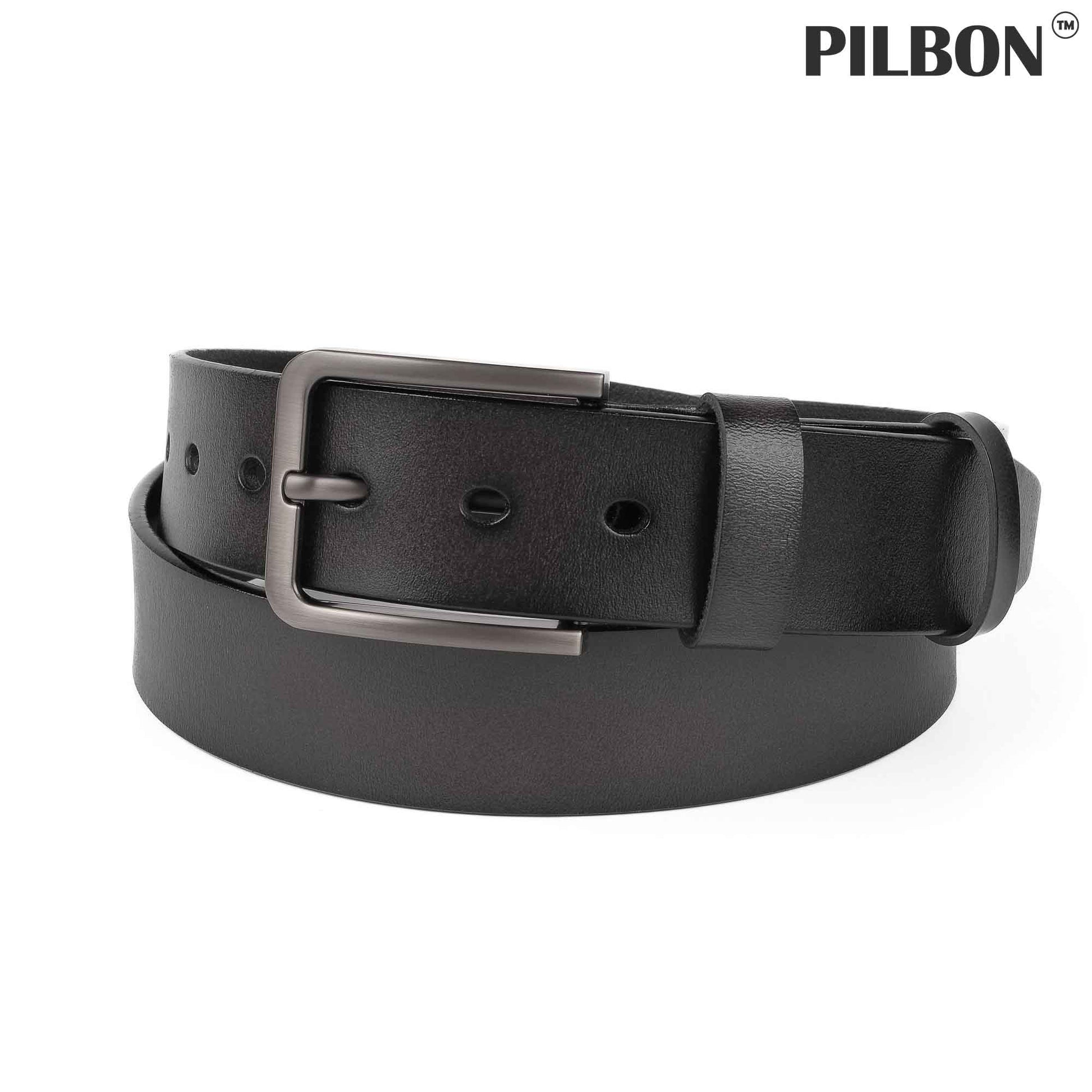 PILBON G314 black leather belt with stainless alloy buckle, 40mm width, unisex accessory for everyday style.