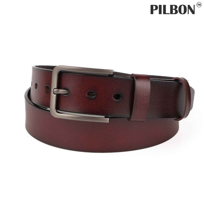 Stylish PILBON G314 leather belt in burgundy with stainless alloy buckle, perfect for enhancing everyday looks.