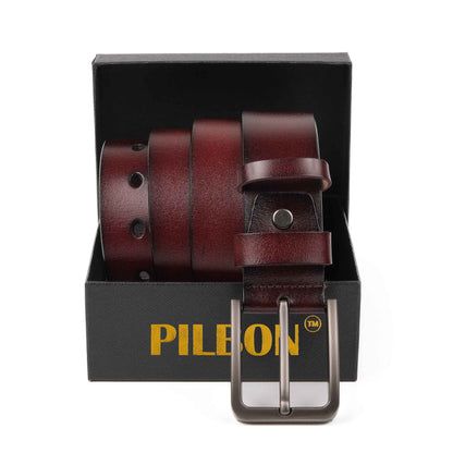 PILBON G314 leather belt in brown, presented in a black gift box with logo and stainless alloy buckle.