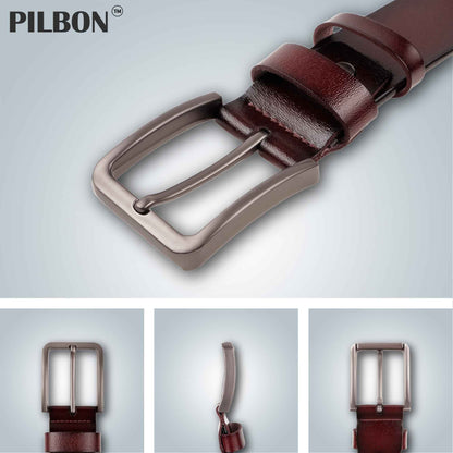 Close-up of PILBON G314 leather belt buckle showcasing durable stainless alloy and rich brown leather texture.