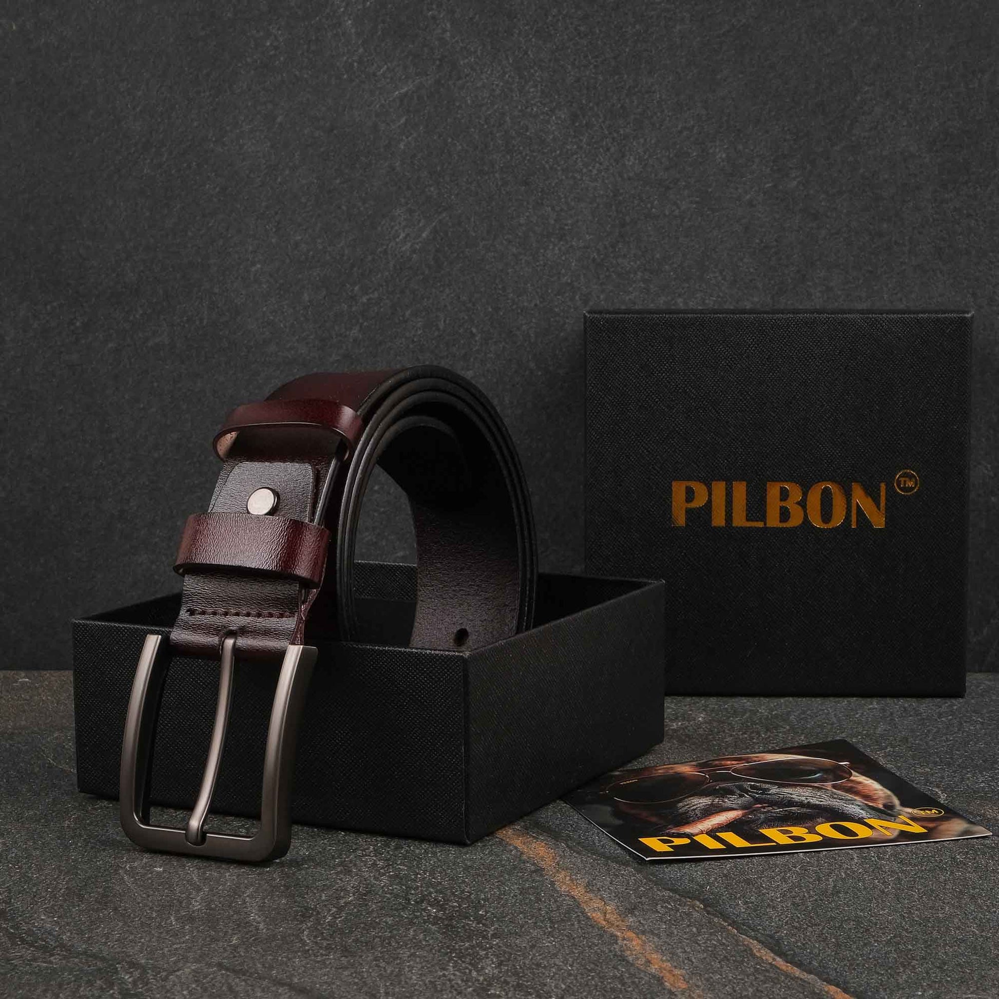 PILBON G314 unisex leather belt in brown with stainless alloy buckle, presented in a stylish black box.