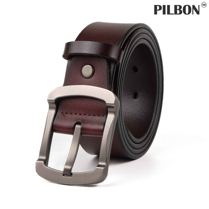 Brown leather PILBON G319 belt with stainless alloy buckle for unisex, 1.5 inches wide, stylish and durable accessory.