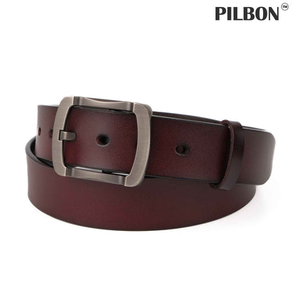 Brown leather belt G319 by PILBON with stainless alloy buckle, 1.50 inches wide, unisex, made in the USA.