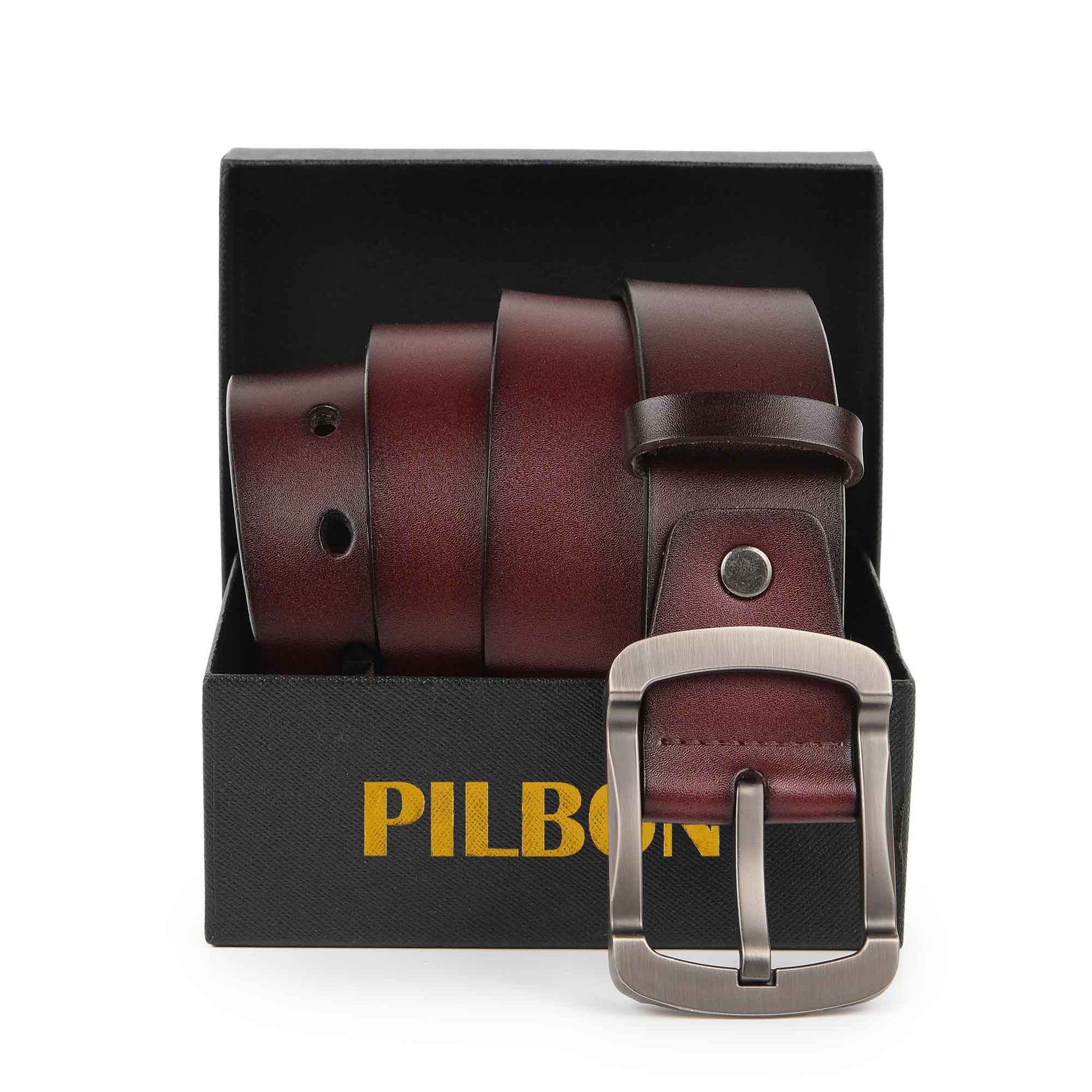 Brown PILBON G319 leather belt in gift box with stainless alloy buckle, 1.50 inches wide, stylish and durable accessory.