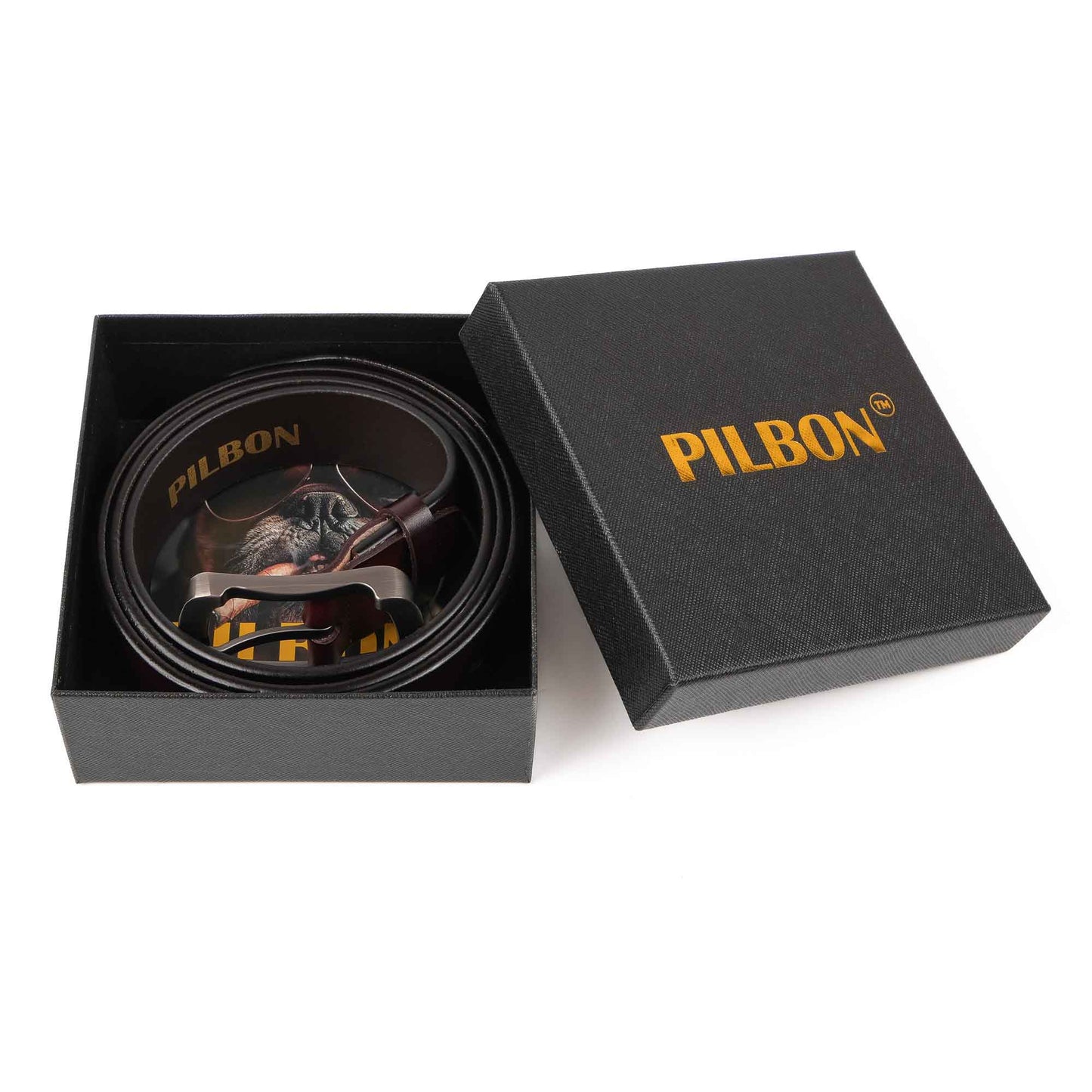 PILBON G319 brown leather belt displayed in a stylish black box, showcasing quality craftsmanship and unisex design.